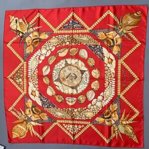 HERMES Red Gold Print Silk Scarves